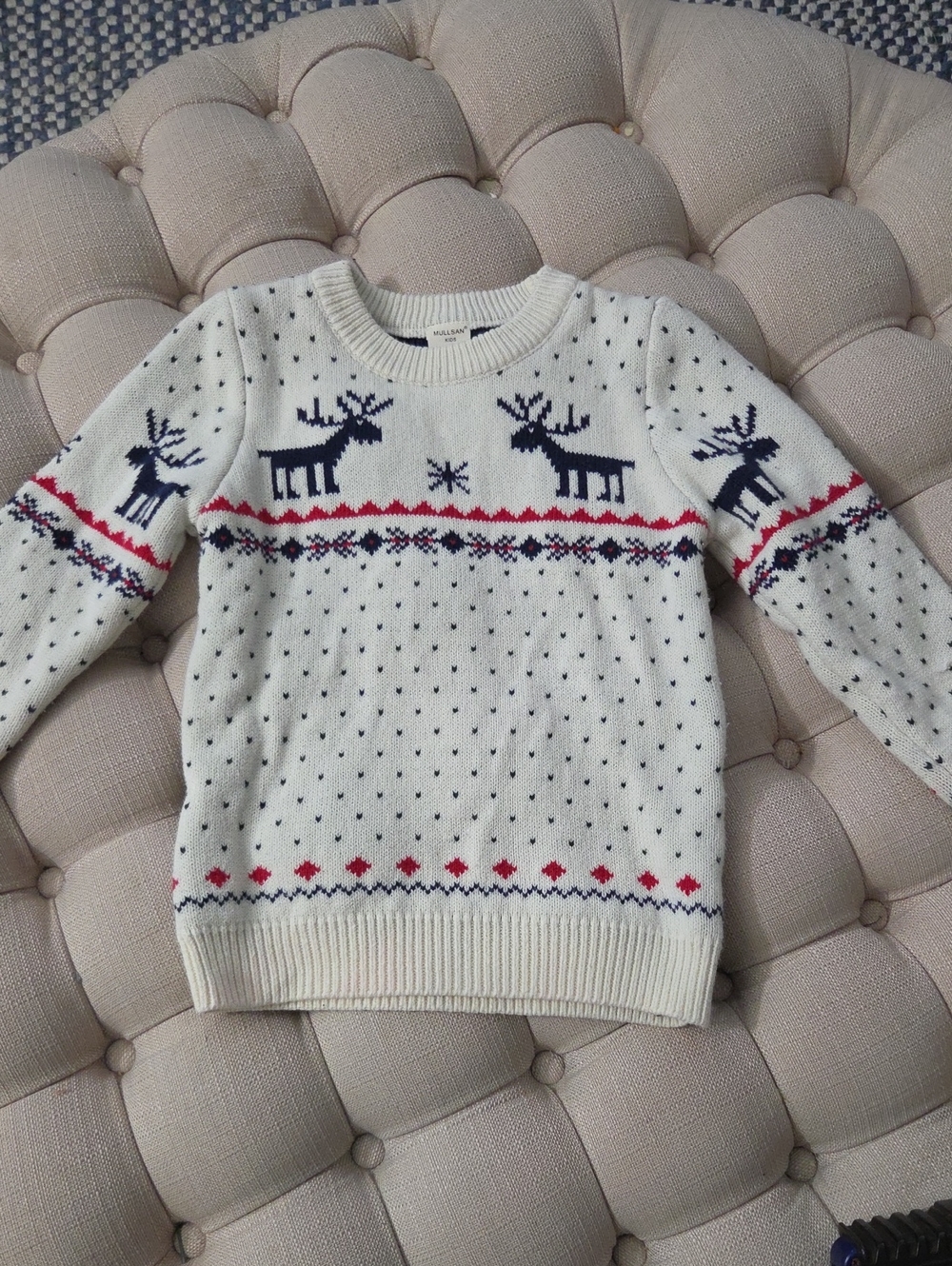 Kids Cream Reindeer Fair Isle Sweater with Navy & Red Accents